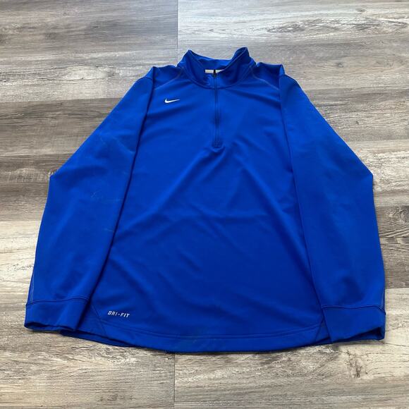 Nike Dri Fit Blue White Men Large 1/4 Zip Pullover Mini Swoosh Sporty Sweatshirt - Picture 1 of 10